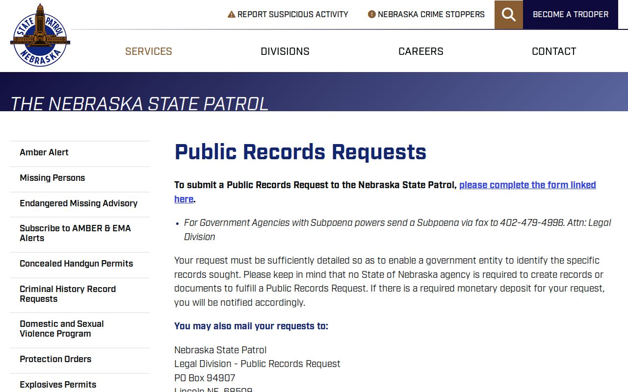Merrick County arrest record request route through Nebraska State Patrol